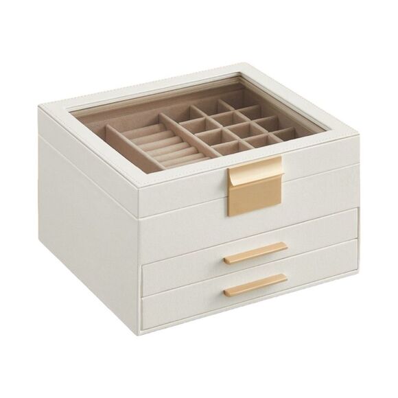 Glass Lid 3-Layer Jewelry Box Organizer - 8” x 9.1” x 5.3” - White - Picture 1 of 8